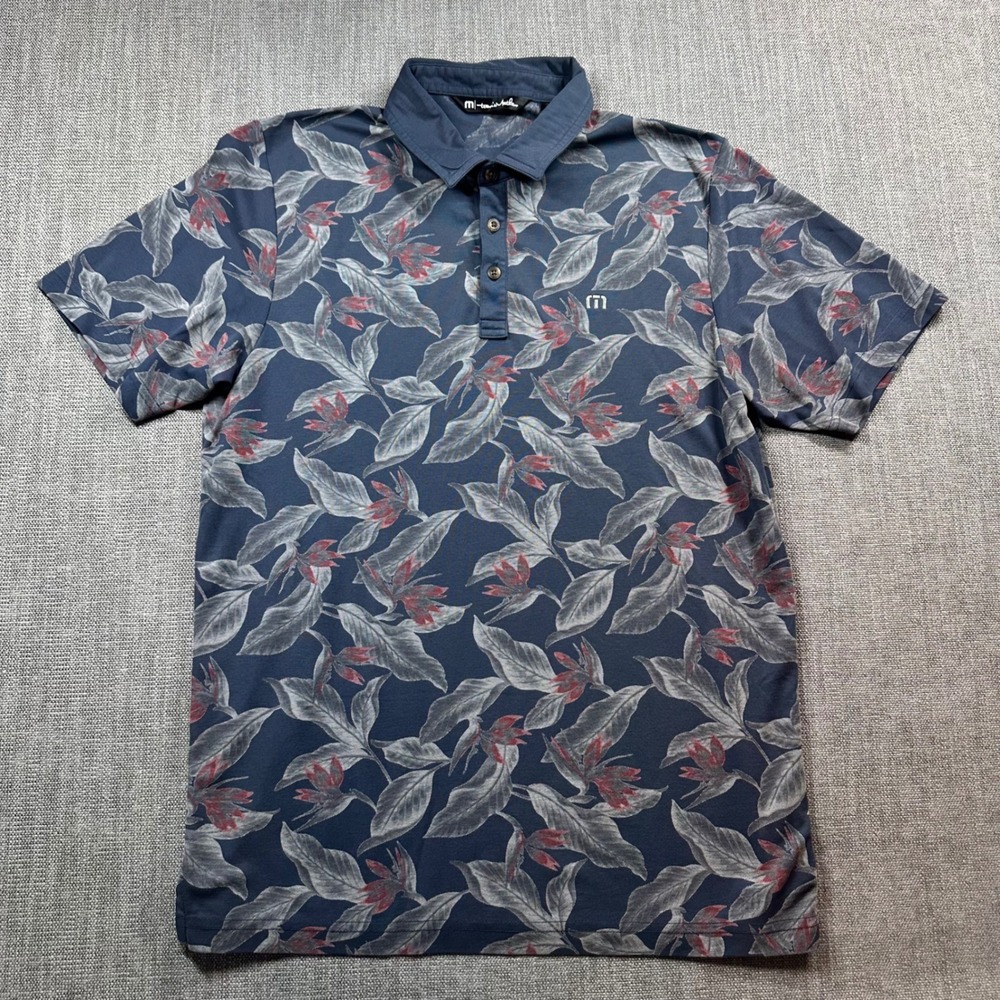 Travis Mathew Polo  Shirt Mens Medium Navy Blue  Tropical Bird of Paradise